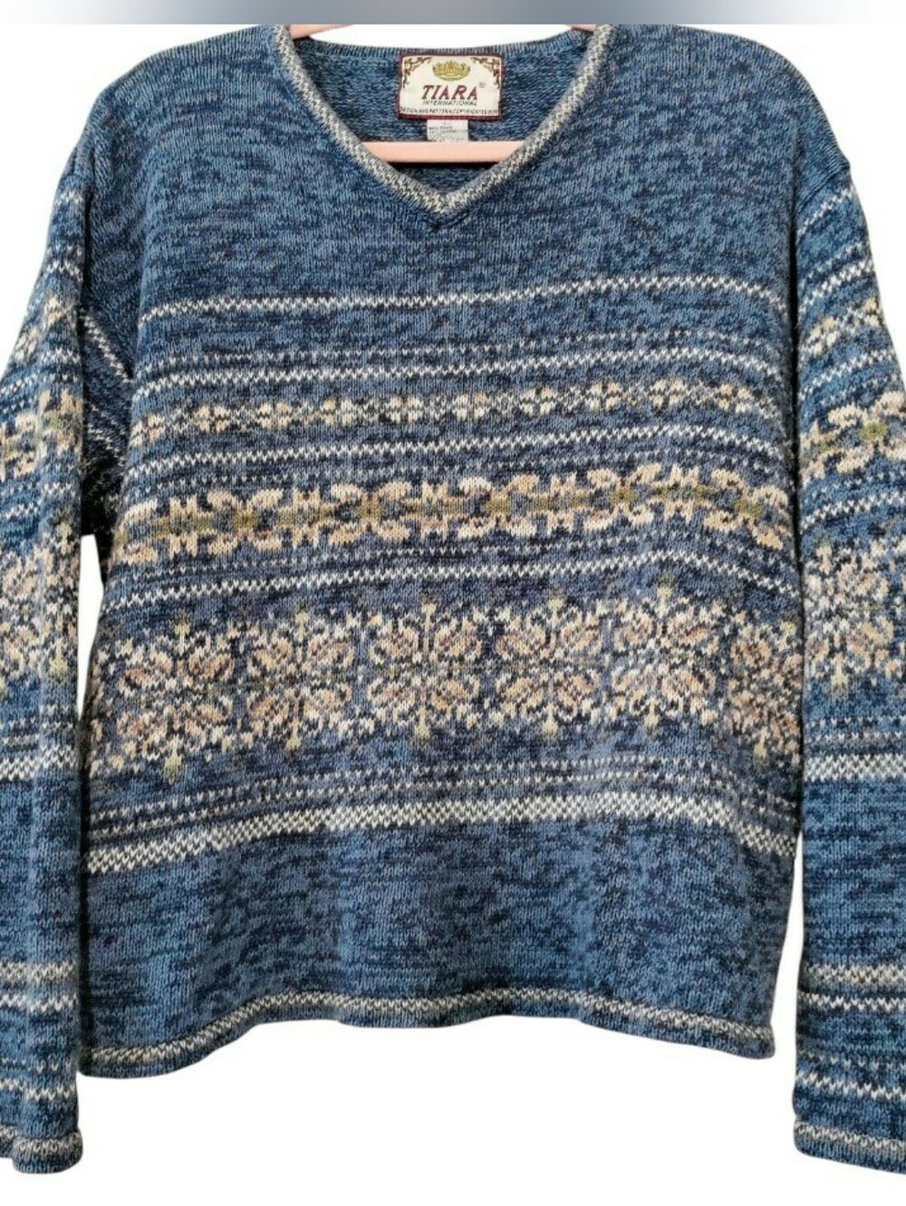 VTG 90s Tiara International Novelty Knit Pullover Sweater V neck Nordic Cotton
